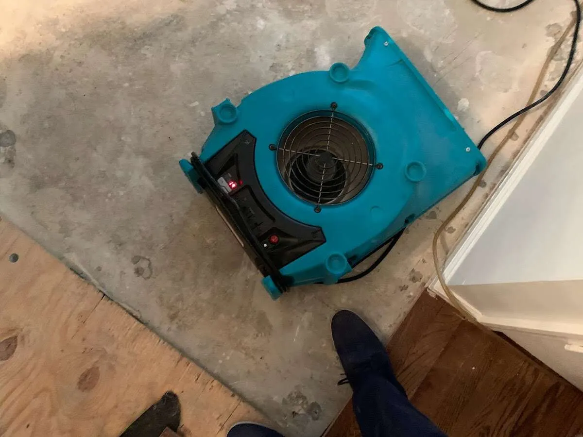 Air mover drying subfloor during Leak Detection & Repair in Gulf Shores